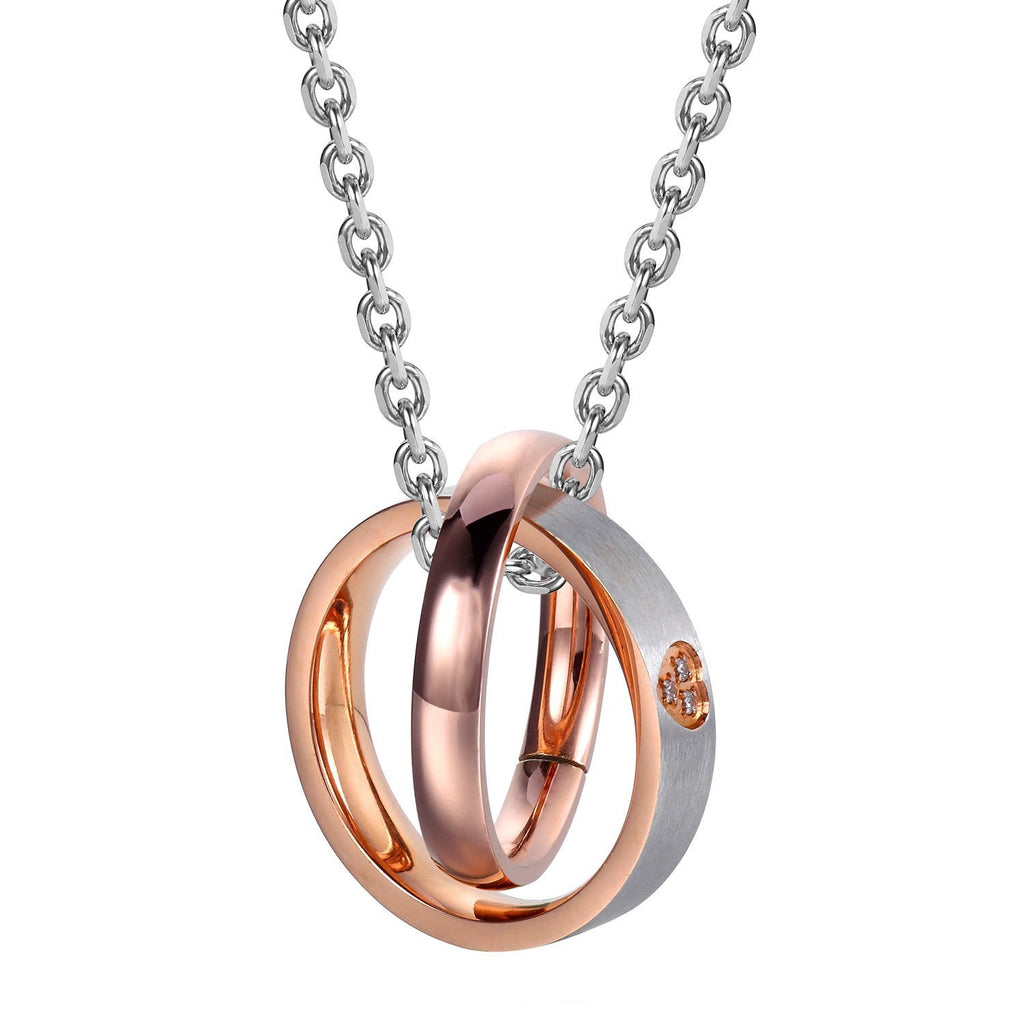 His & Hers Couples Engraved Double Ring Pendant Necklace