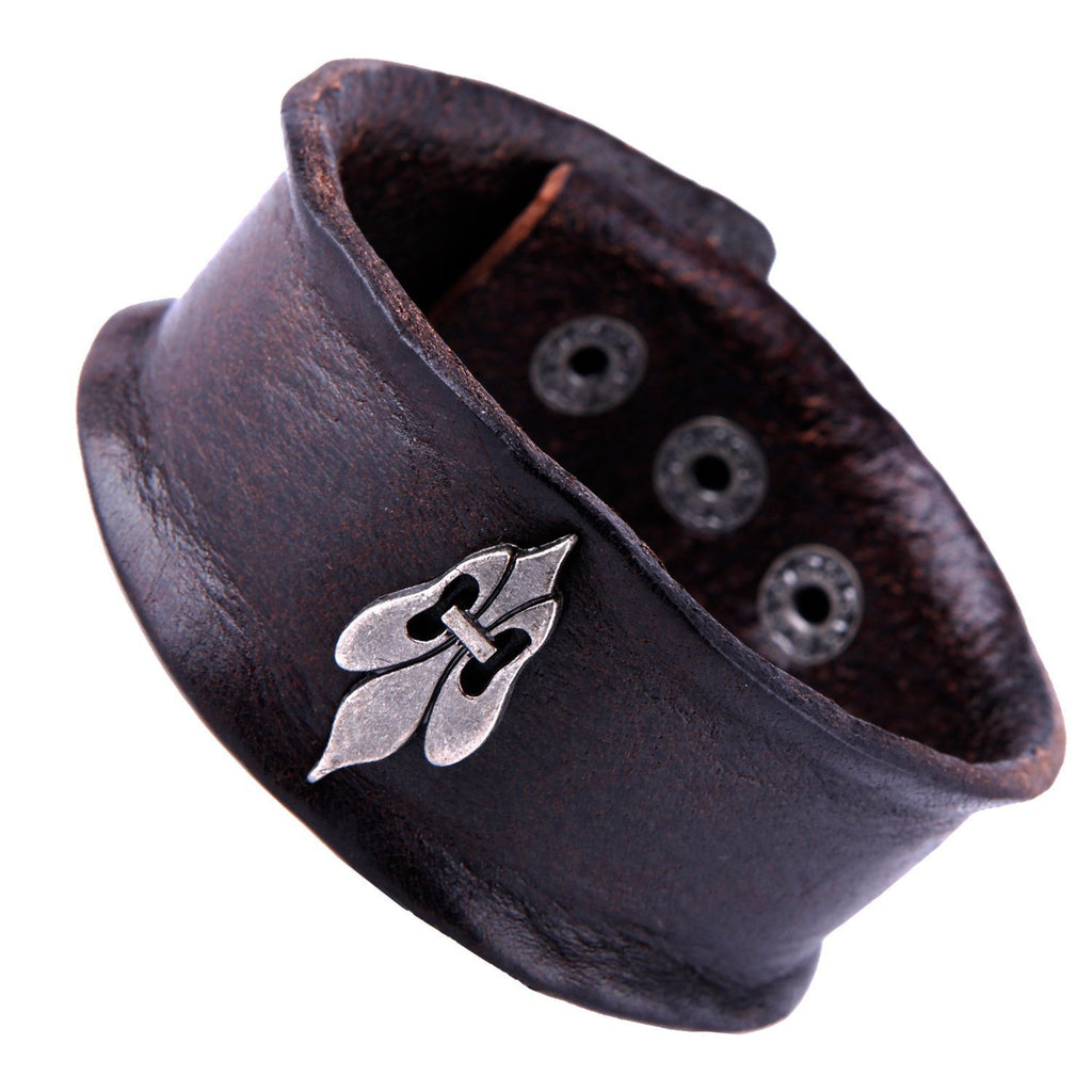 Vintage Style Men's Metal Fleur-de-lis Cuff Genuine Leather Bracelet (Brown, Adjustable)