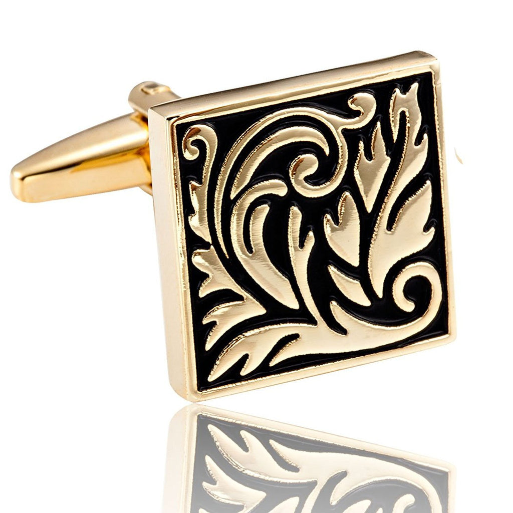 Impressive Egyptian Style Scroll Pattern Stainless Steel Cufflinks for Men (Gold, Black)