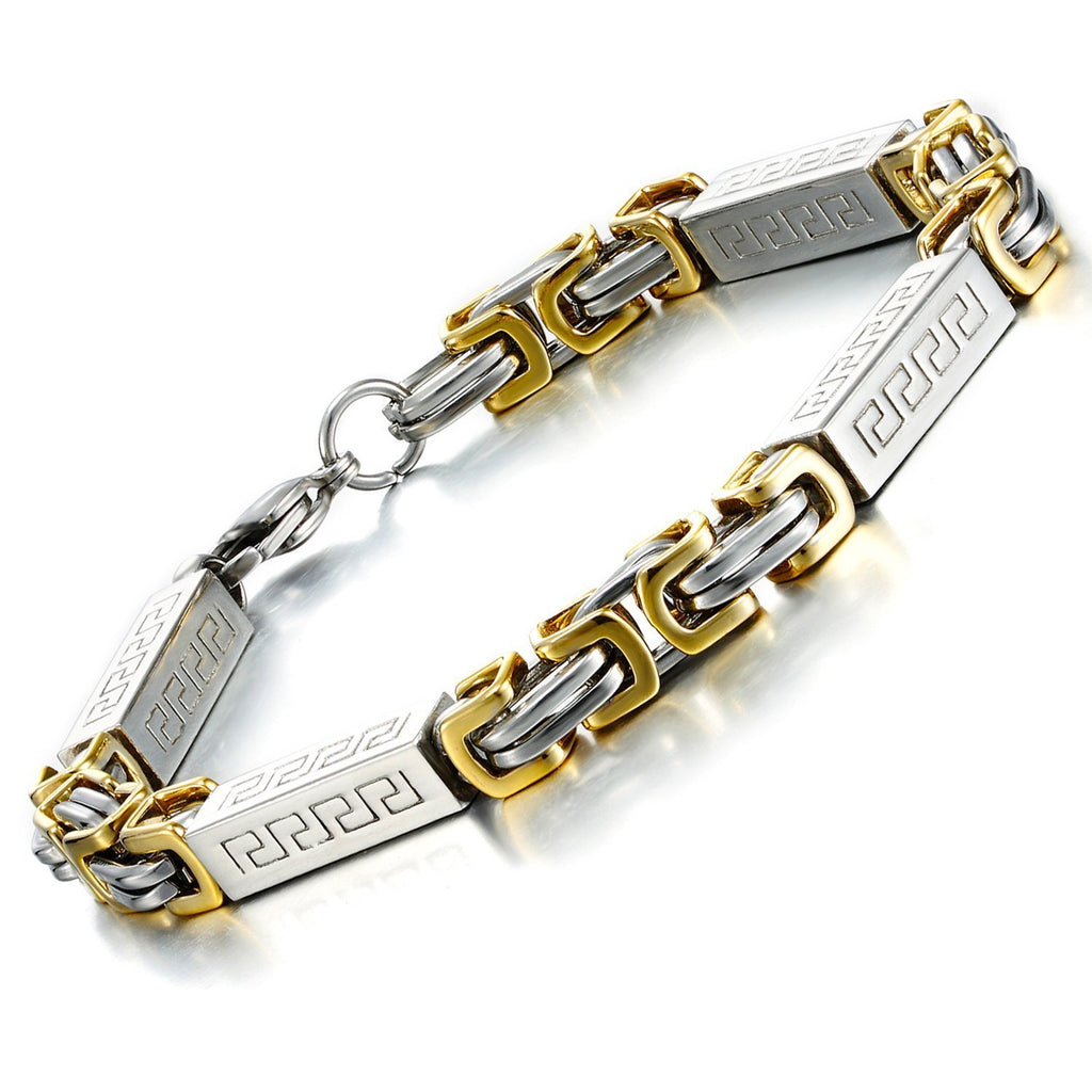 Impressive Men's Stainless Steel Bracelet Byzantine Chain, Gold Silver, 9 Inch