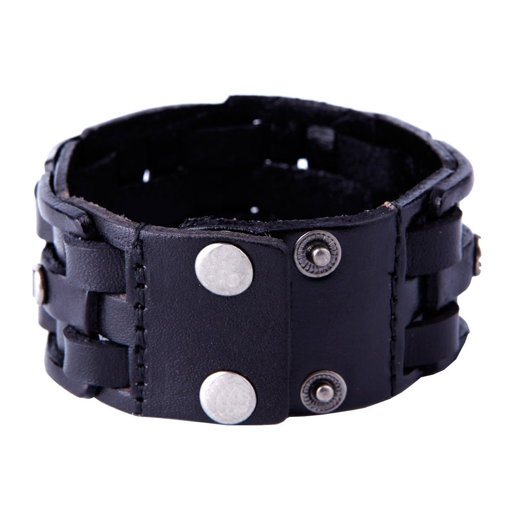 Gothic Men's Army Style Coal Black Cuff Genuine Leather Bracelet with Metal Silver Tone Screws