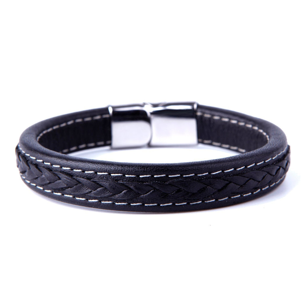 Elegant Black Cuff Genuine Leather Bracelet for Men with Elegant 316L Stainless Steel Clasp