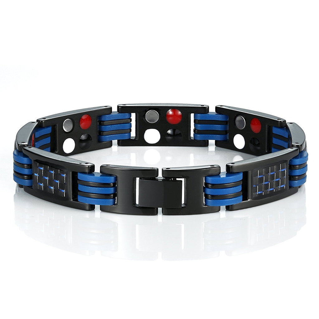 Men's Titanium Magnetic Link Bangle Bracelet with Carbon Fiber 8.66 inch (Black & Blue)