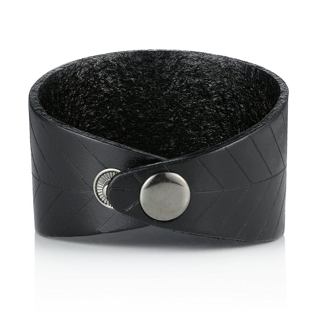 Leaf Shape Black Genuine Leather Cuff Men's Bracelet (adjustable 7.9 inches, Width 1.7 inches)