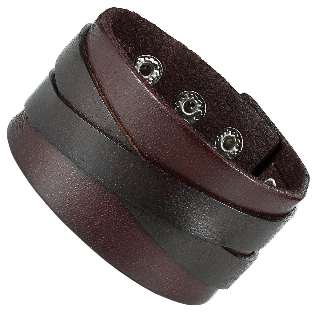 Men's X Brown Genuine Leather Cuff Bangle Bracelet Perfect Statement Piece (adjustable 8.66 inches, 1.6 inches width)