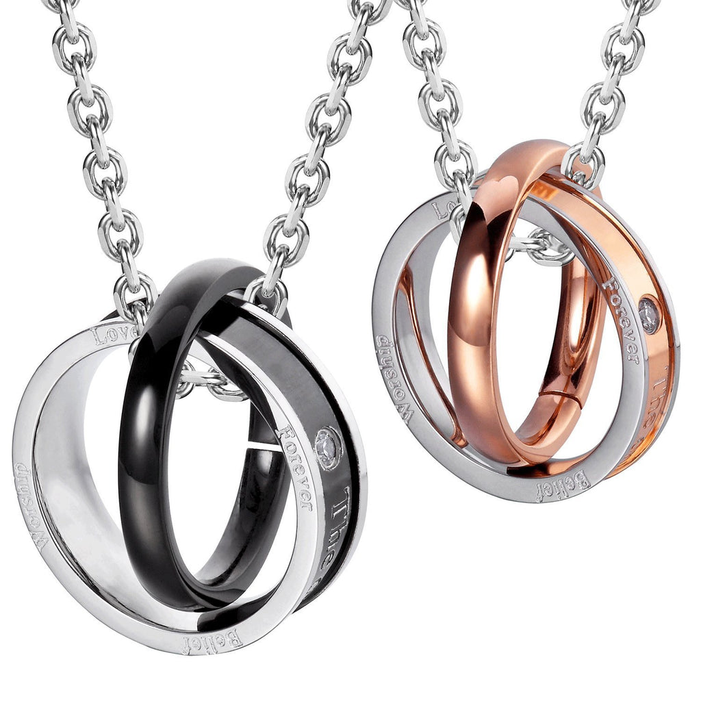 His & Hers Couples Engraved Double Ring Pendant Necklace