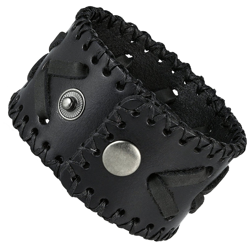 Men's Arrow Patterning Black Genuine Leather Cuff Bangle Bracelet (adjustable 8.3 inches, 1.6 inches width)