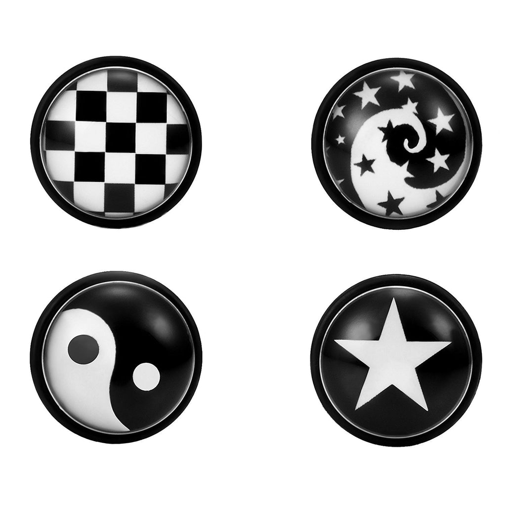 Mens 4 Pairs Stainless Steel Stud Earrings Set with Star, Swirl, Checkered & Yin & Yang Designs