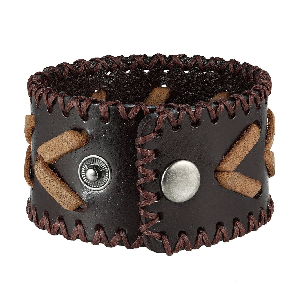 Men's Arrow Patterning Brown Genuine Leather Cuff Bracelet (8.3", 1.6" width)
