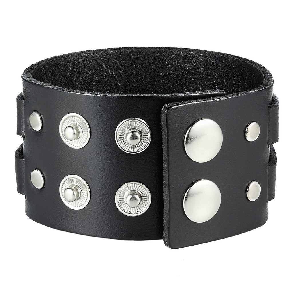 Men's X Black Genuine Leather Cuff Bangle Bracelet Perfect Statement Piece (adjustable 8.66 inches, 1.6 inches width
