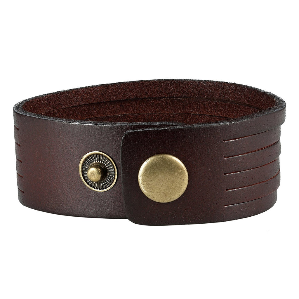Brown Genuine Leather Men's Cuff Bracelet Durable & Classic (adjustable 8.25 inches)