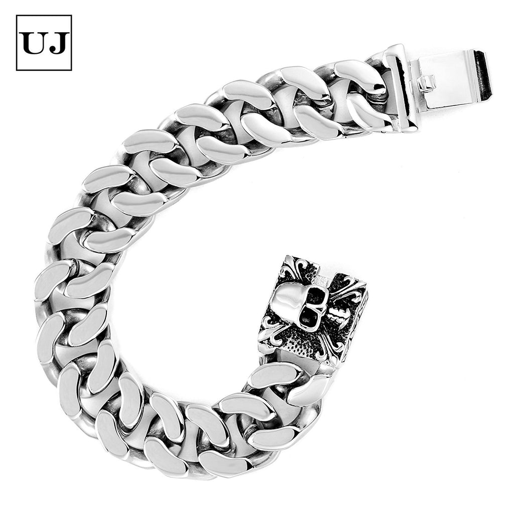 Unique 9 Inches Men's Stainless Steel Silver Skull Head Link Chain Bracelet
