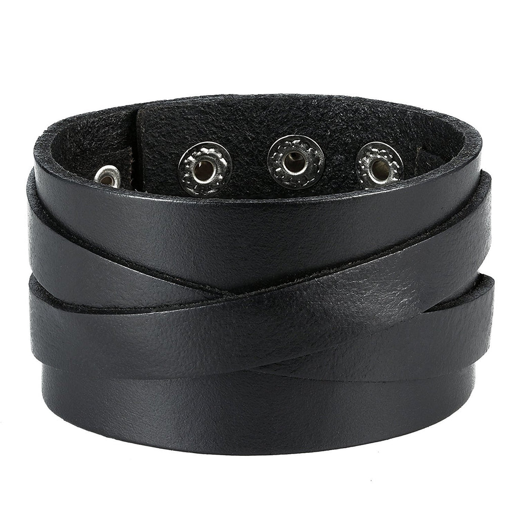 Men's X Black Genuine Leather Cuff Bangle Bracelet Perfect Statement Piece (adjustable 8.66 inches, 1.6 inches width