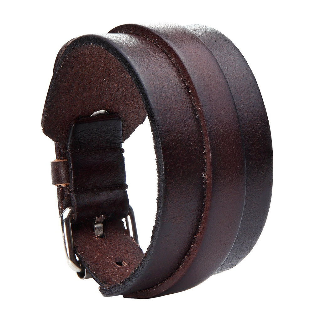 Stunning Adjustable Dark Brown Cuff Leather Bracelet for Men (Metal Buckle Clasp)