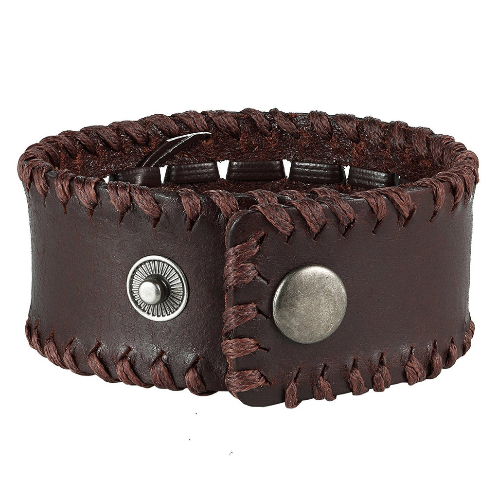 Men's Brown Genuine Leather Cuff Bangle Bracelet Weave Design (8.25", 1.2" width)