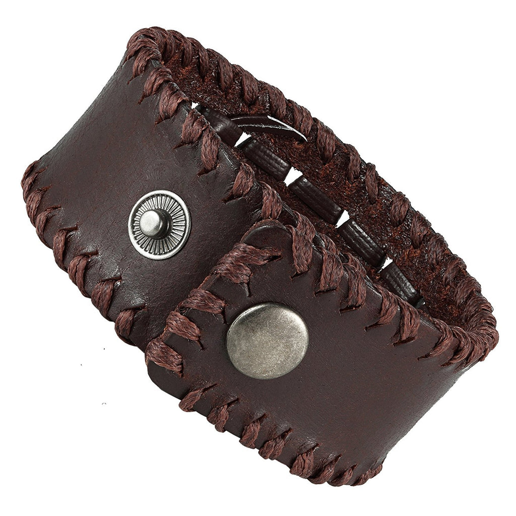 Men's Brown Genuine Leather Cuff Bangle Bracelet Weave Design (8.25", 1.2" width)