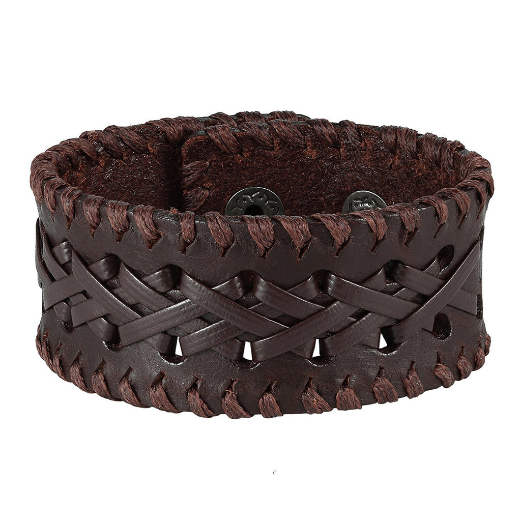 Men's Brown Genuine Leather Cuff Bangle Bracelet Weave Design (8.25", 1.2" width)