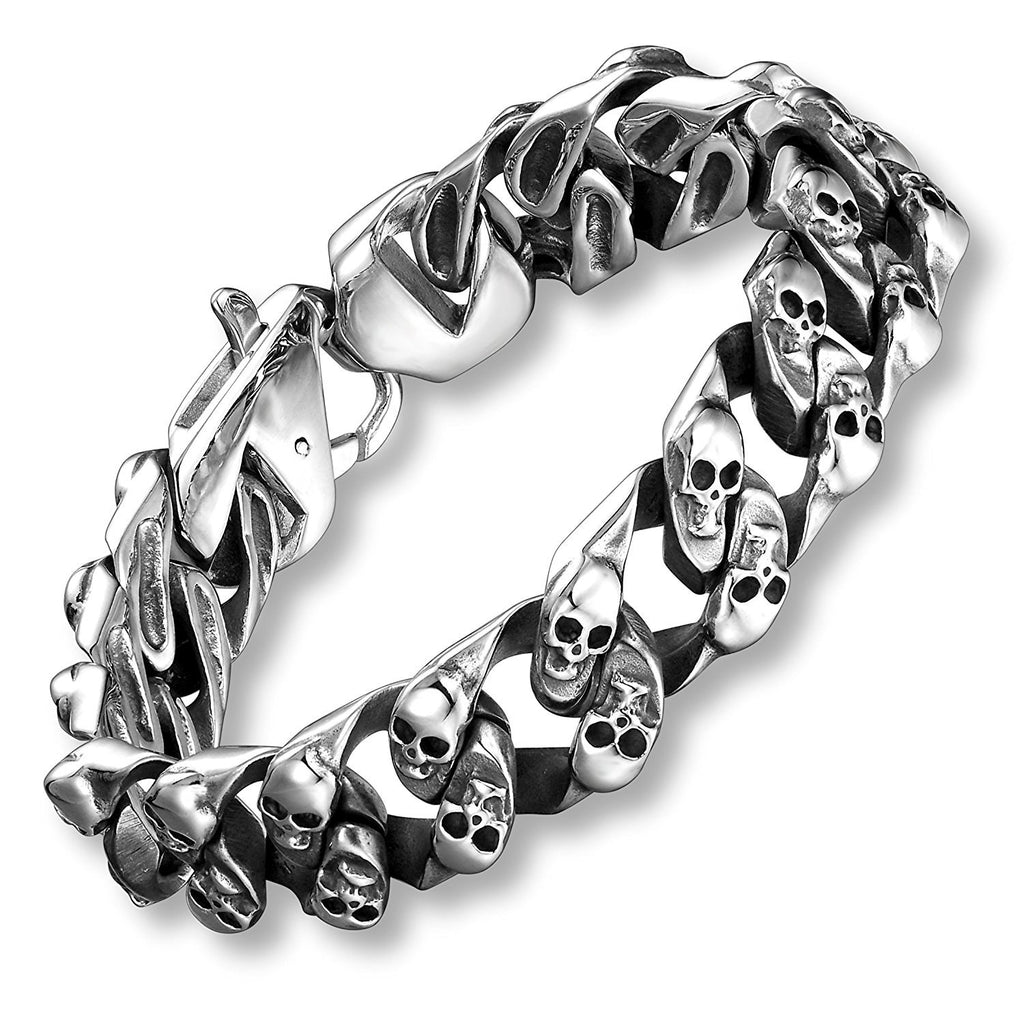 8.6 Inches Stainless Steel Silver Tone Mini Skull Heads Link Chain Bracelet for Men