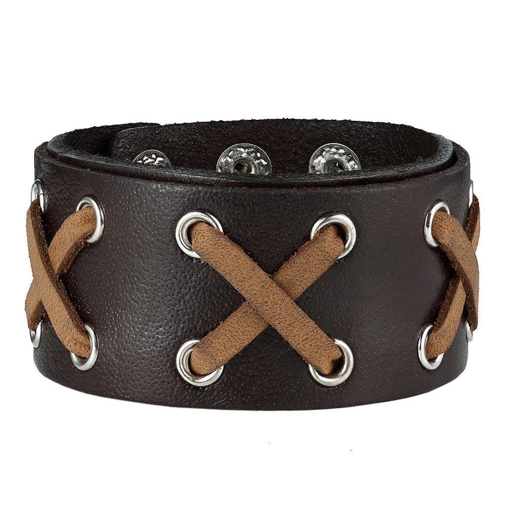 Uniquely Mixed s Black & Brown Genuine Leather Cuff Bangle Men's Bracelet (adjustable 8.25 inches)