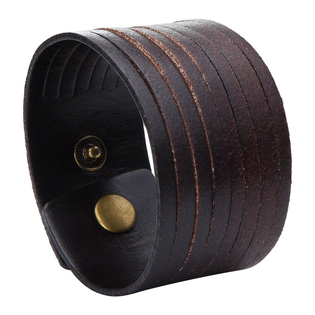Dark Brown Wide Cuff Genuine Leather Bracelet for Men