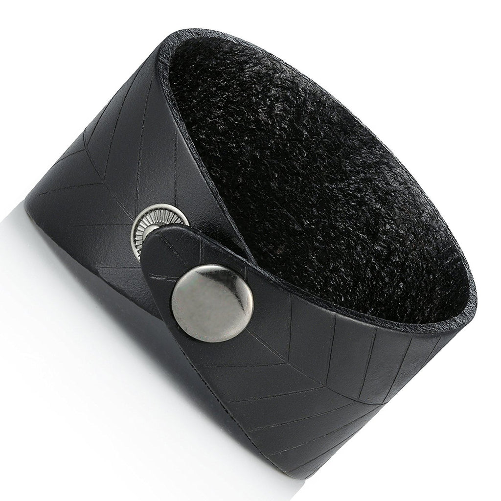 Leaf Shape Black Genuine Leather Cuff Men's Bracelet (adjustable 7.9 inches, Width 1.7 inches)