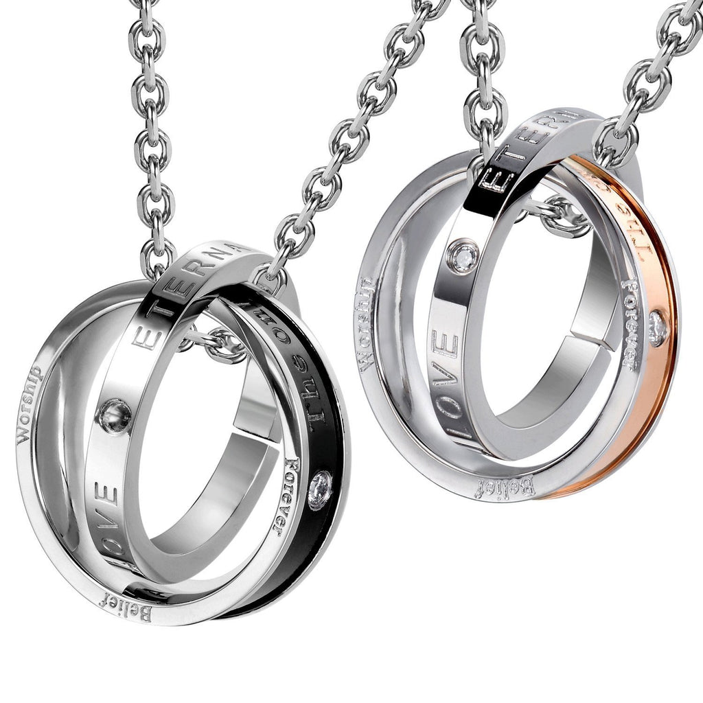 His & Hers Couples Engraved Double Ring Pendant Necklace