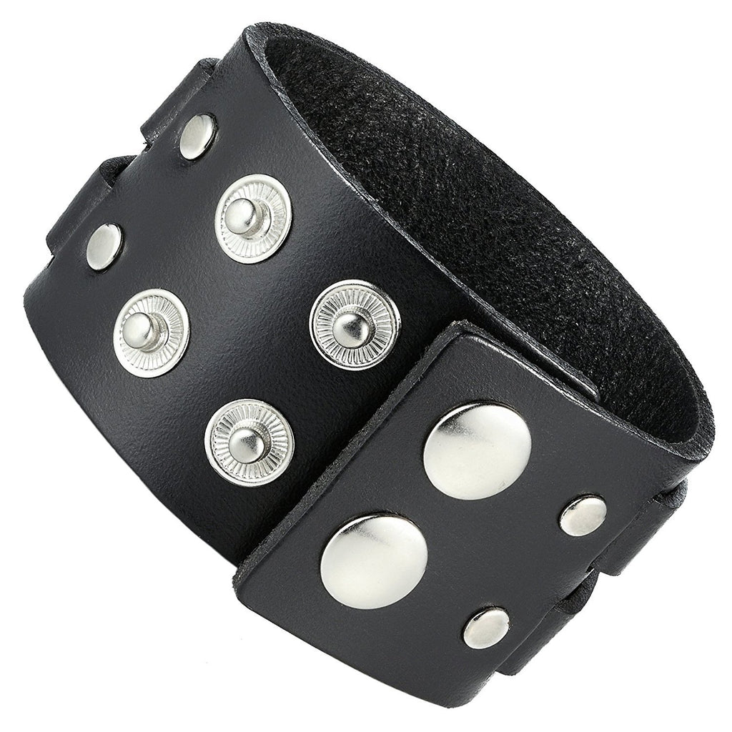 Men's X Black Genuine Leather Cuff Bangle Bracelet Perfect Statement Piece (adjustable 8.66 inches, 1.6 inches width