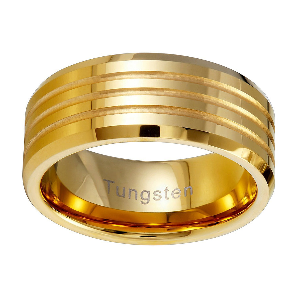 Striped Gold 9 mm Solid Tungsten Wedding Engagement Band Ring for Men