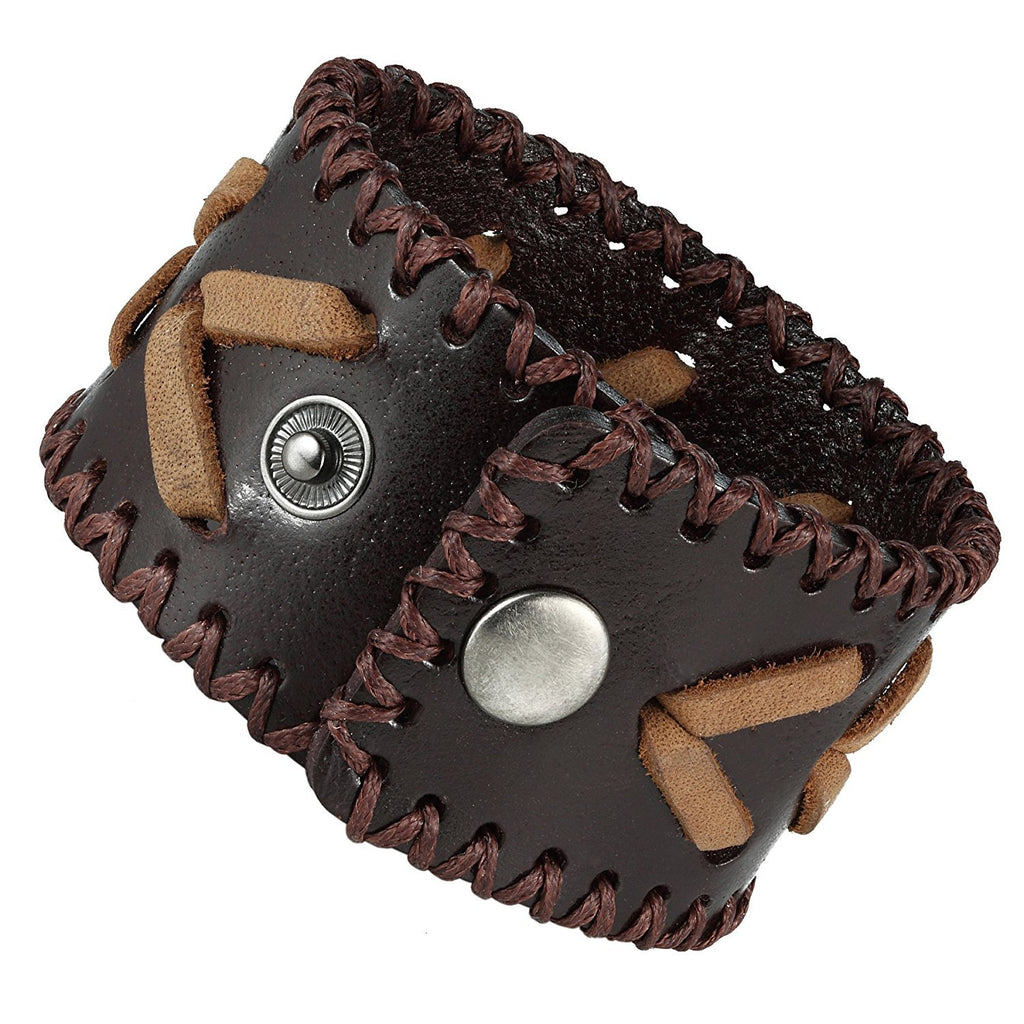 Men's Arrow Patterning Brown Genuine Leather Cuff Bracelet (8.3", 1.6" width)