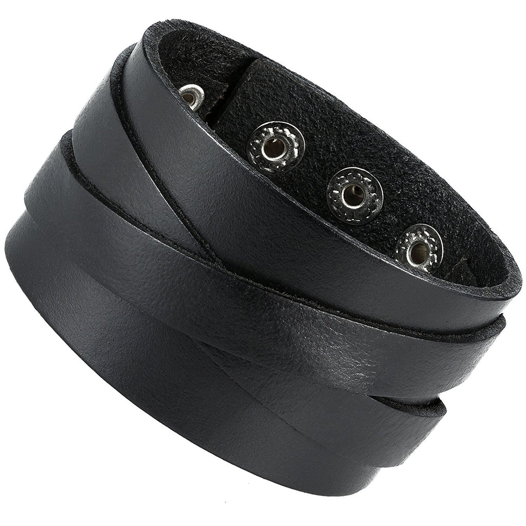 Men's X Black Genuine Leather Cuff Bangle Bracelet Perfect Statement Piece (adjustable 8.66 inches, 1.6 inches width
