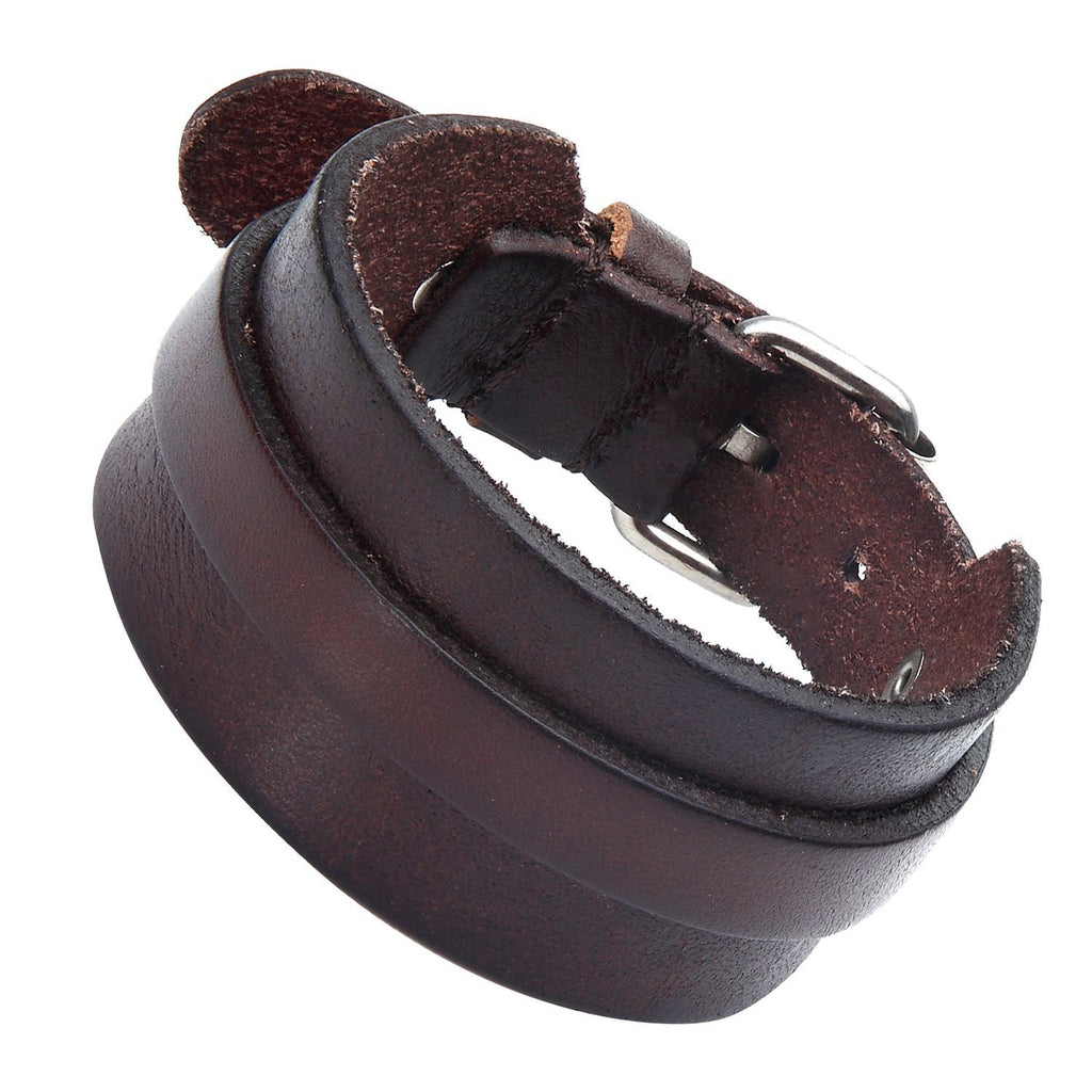 Stunning Adjustable Dark Brown Cuff Leather Bracelet for Men (Metal Buckle Clasp)