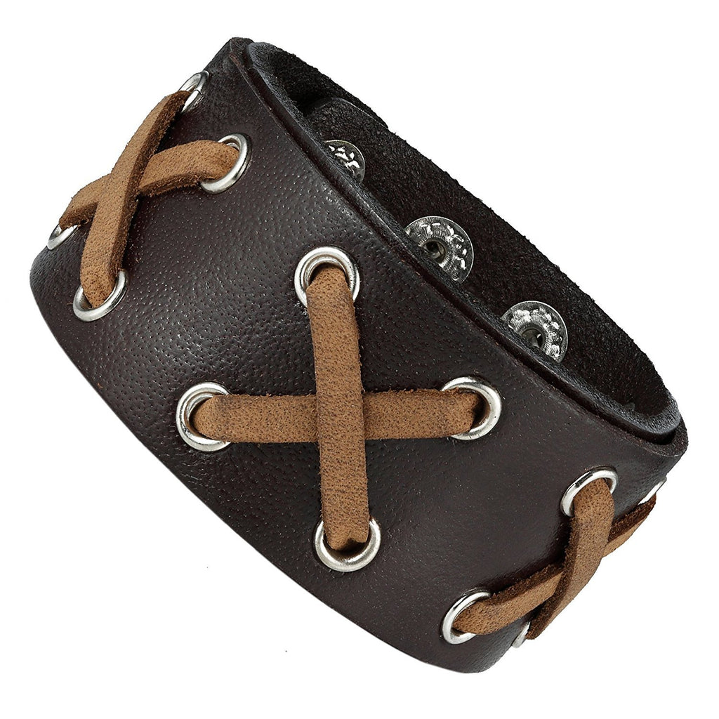 Uniquely Mixed s Black & Brown Genuine Leather Cuff Bangle Men's Bracelet (adjustable 8.25 inches)