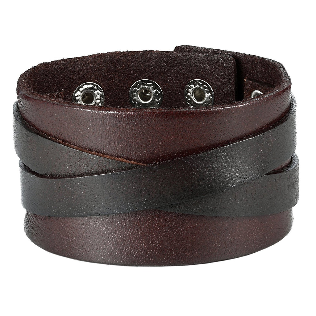 Men's X Brown Genuine Leather Cuff Bangle Bracelet Perfect Statement Piece (adjustable 8.66 inches, 1.6 inches width)