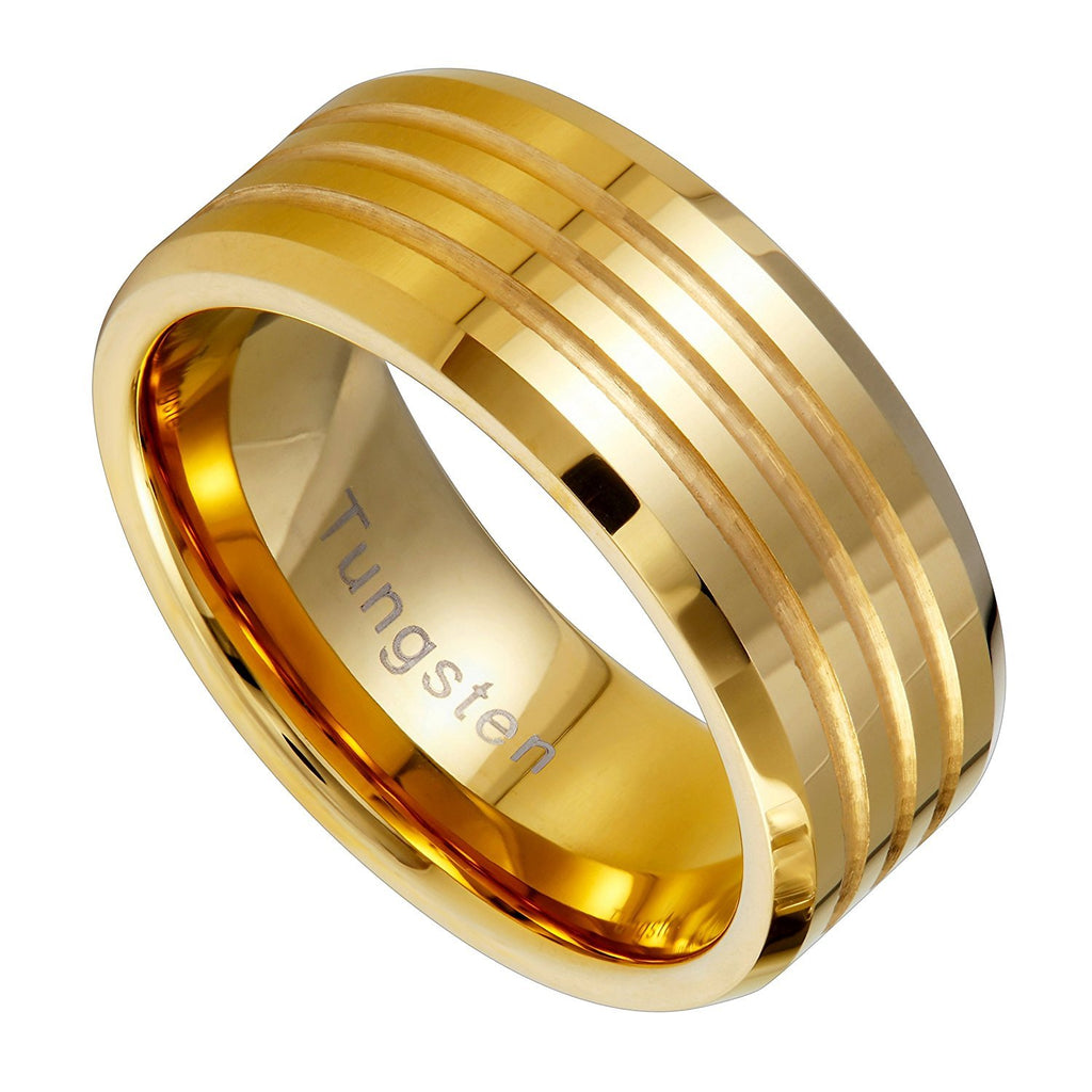 Striped Gold 9 mm Solid Tungsten Wedding Engagement Band Ring for Men