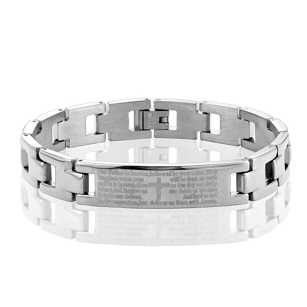 Lords Prayer Cross - 316L Stainless Steel Link Bangle Bracelet for Men