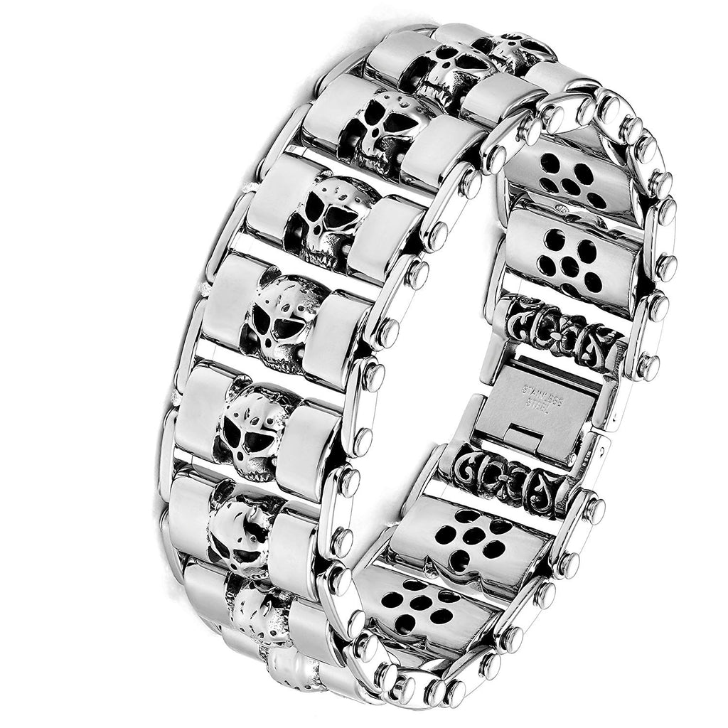 Stainless Steel Silver Tone Thick Skull Head 8.6 Inches Bracelet for Men