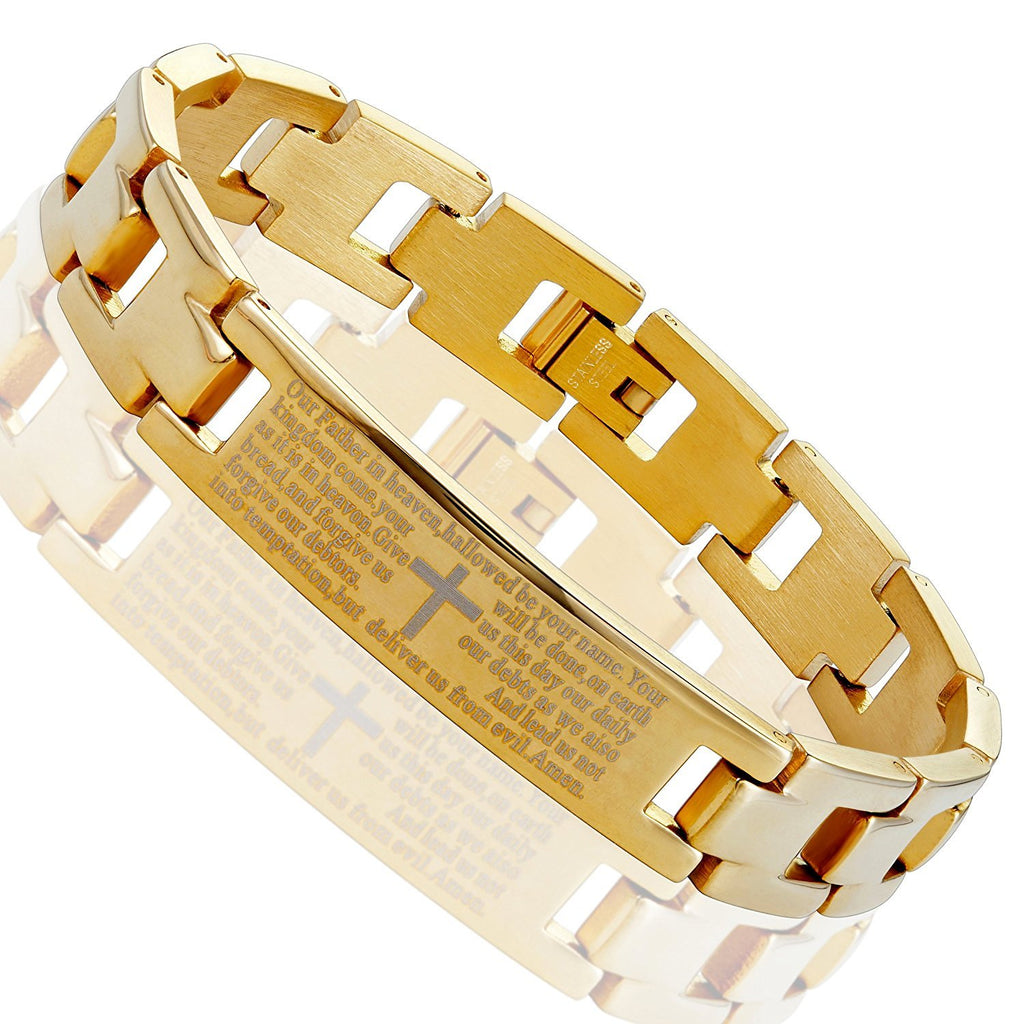 Lords Prayer Cross - 316L Stainless Steel Link Bangle Bracelet for Men