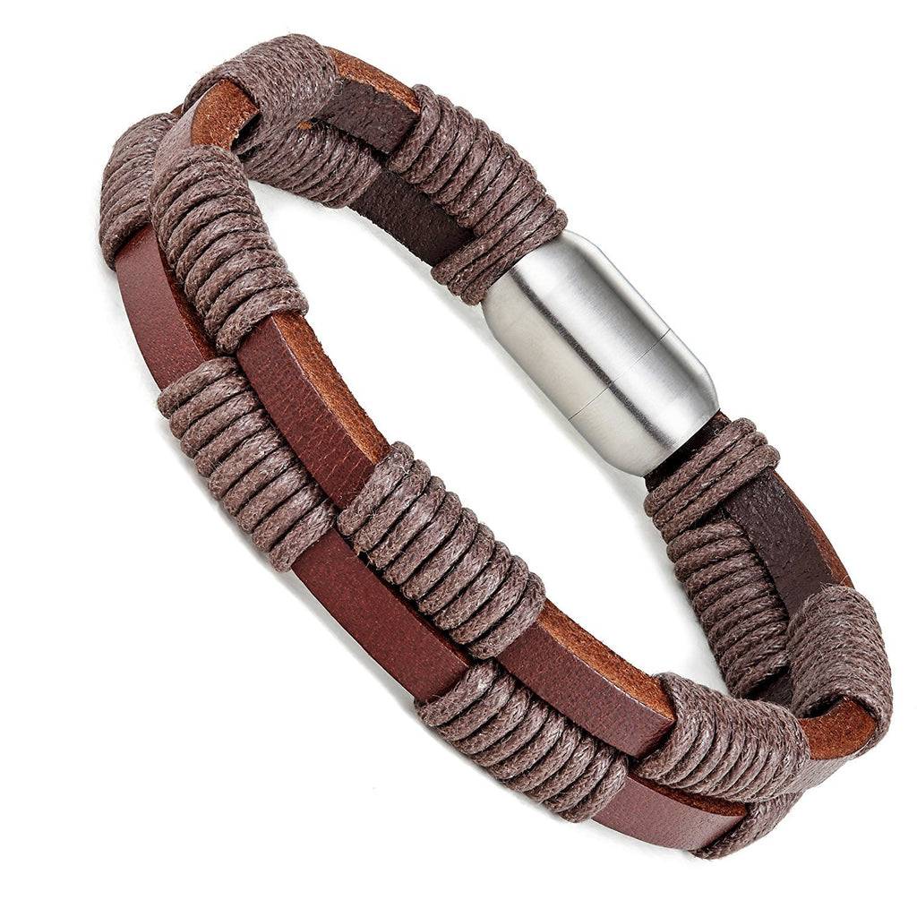 Stylish Genuine Leather Bracelet for Men with Magnetic Stainless Steel Clasp 8.5 Inch