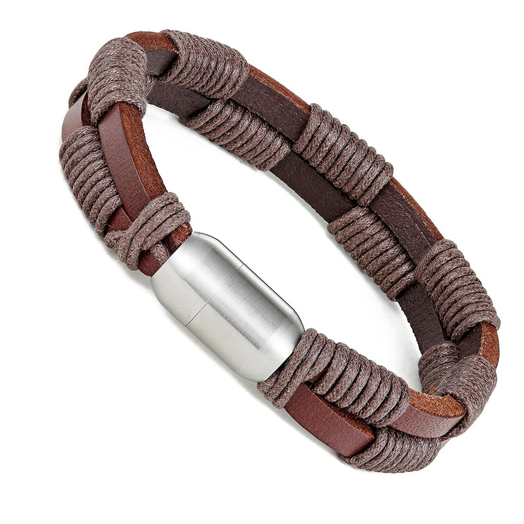 Stylish Genuine Leather Bracelet for Men with Magnetic Stainless Steel Clasp 8.5 Inch