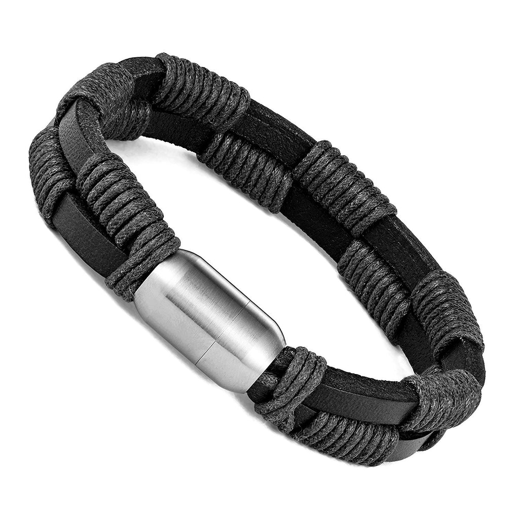 Stylish Genuine Leather Bracelet for Men with Magnetic Stainless Steel Clasp 8.5 Inch