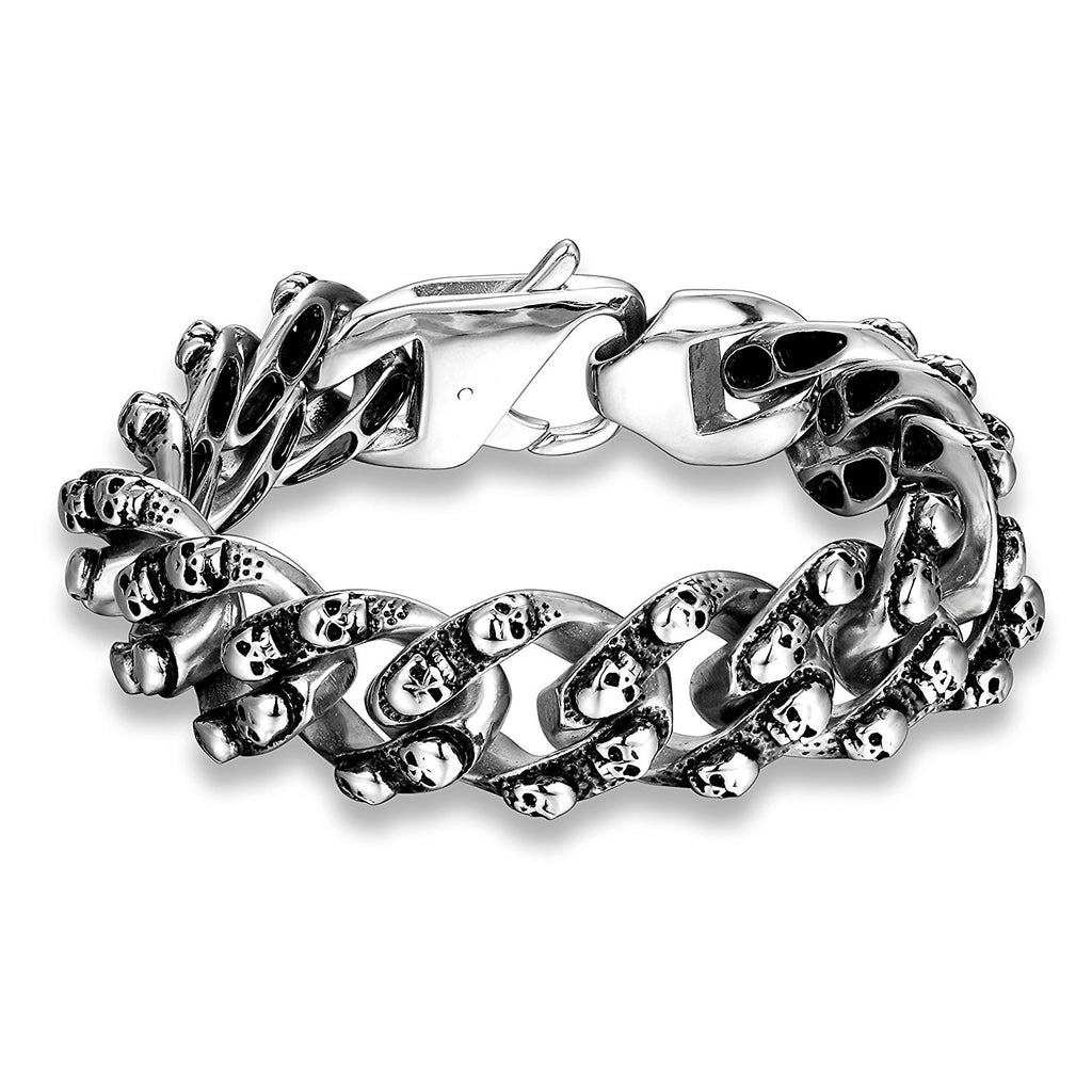 Elegant Men's Mini Skull Heads Chain Link Bracelet 8.85 Inches Stainless Steel (Silver Tone)