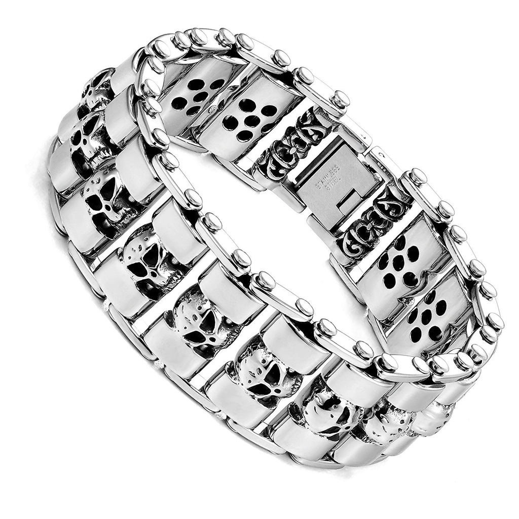 Stainless Steel Silver Tone Thick Skull Head 8.6 Inches Bracelet for Men