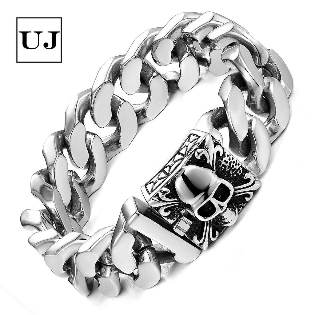 Unique 9 Inches Men's Stainless Steel Silver Skull Head Link Chain Bracelet