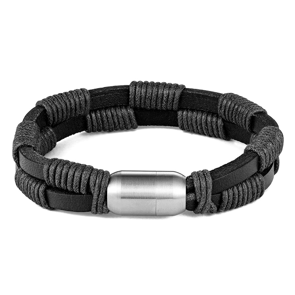 Stylish Genuine Leather Bracelet for Men with Magnetic Stainless Steel Clasp 8.5 Inch