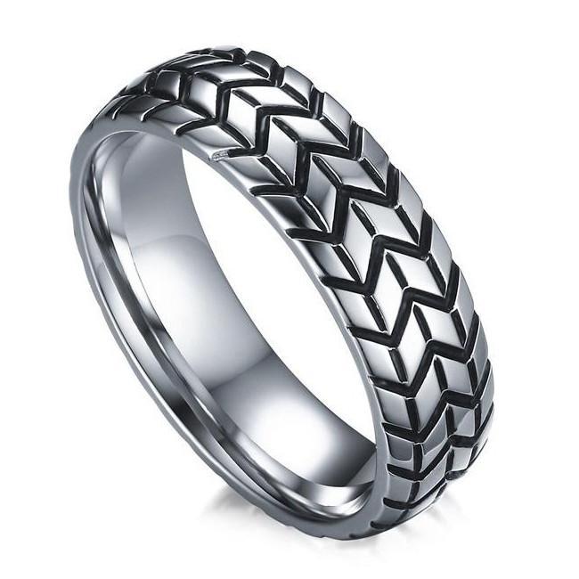 Tire Tread Ring - Silver & Black Stainless Steel