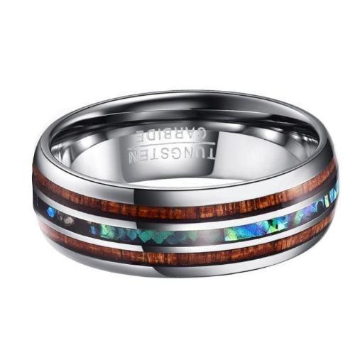 White Tungsten Abalone & Koa Wood Ring
