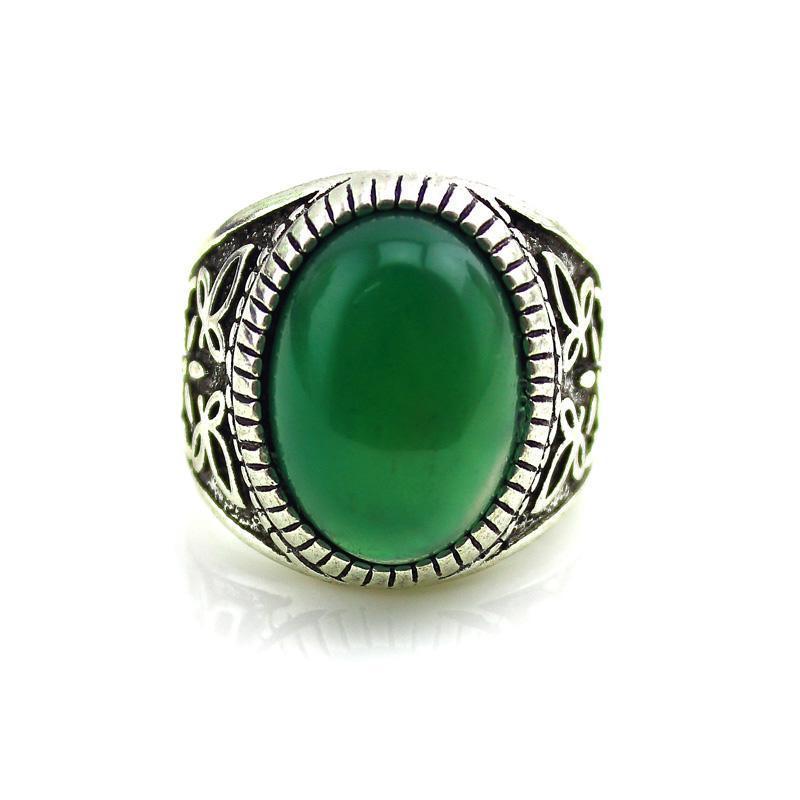 Large Ornate Vintage Silver & Jade Stone Men's Ring