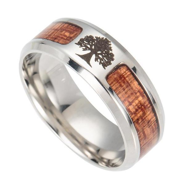 Mahogany Family Tree Ring Band for Men - Wood & Steel Rings