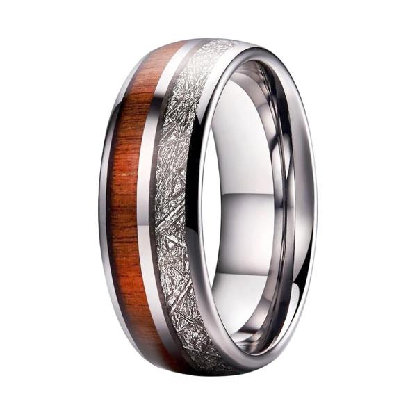 Gibeon Meteorite & Wood Ring Band - Silver Stainless Steel