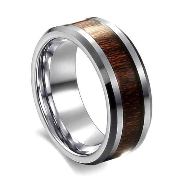 Silver Wood Inlay Ring Band for Men